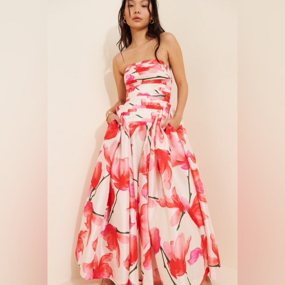 Hutch Strapless Floral Ball Gown in White and Pink-Red